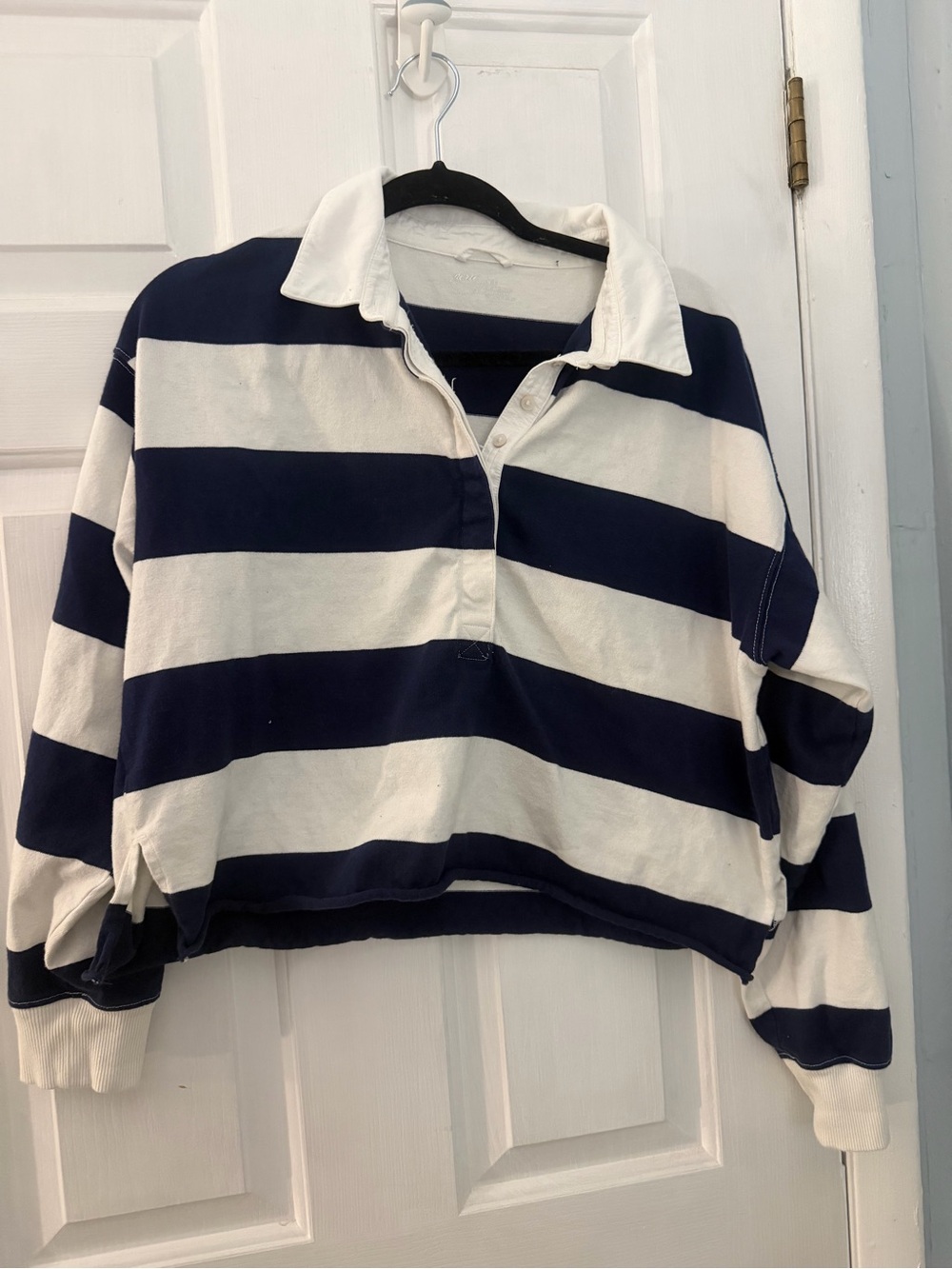 Aerie Women’s Cropped Rugby Shirt Navy Cream Striped Size M